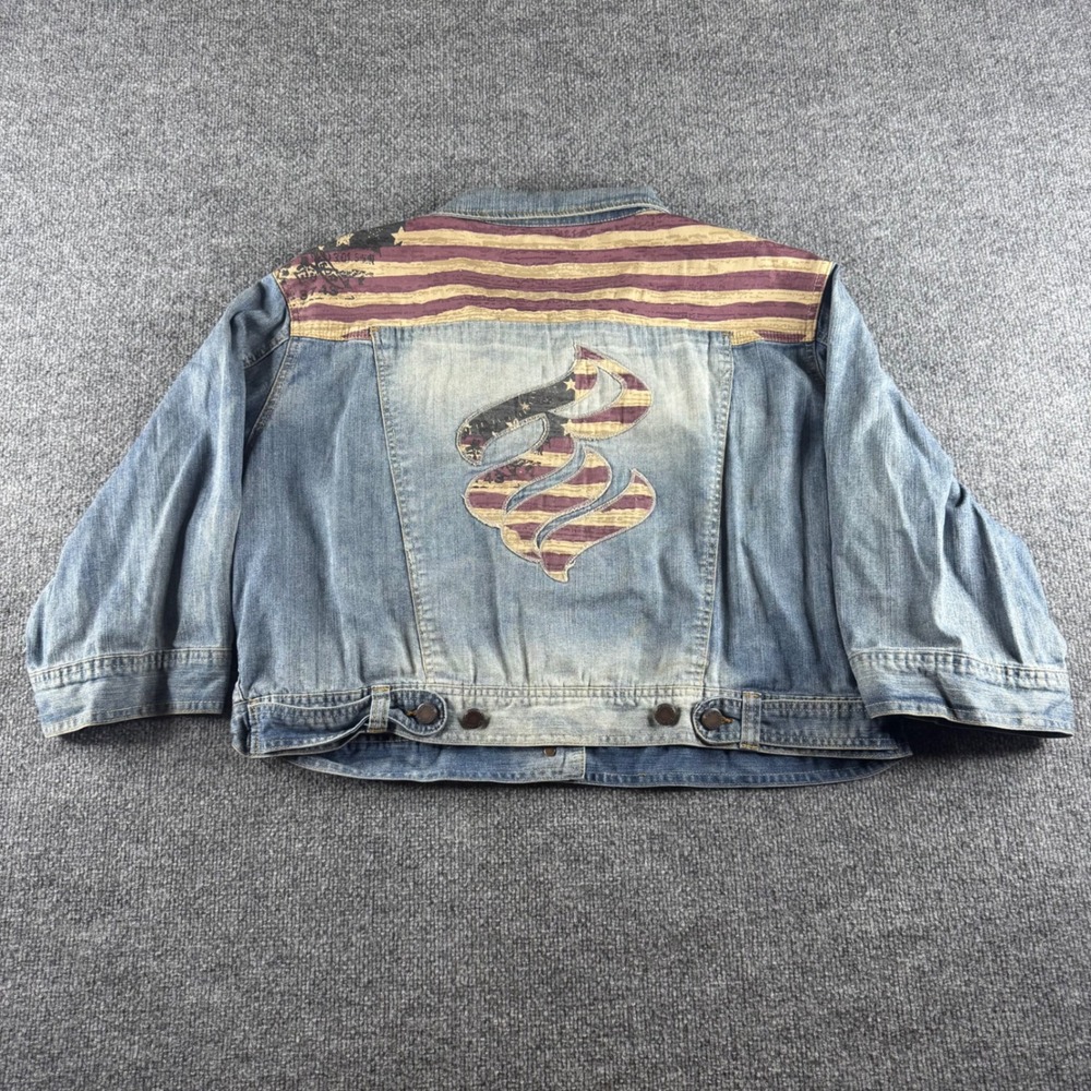 Rocawear Classic Womens 3X Distressed Denim Jacket Americana Logo Cropped Blue - Picture 8 of 11